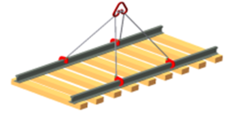 Захват вилочного типа для рельс и рельсошпальной решетки. Возможен подъём одной рельсы двумя захватами и подъём рельсошпальной решетки четырьмя захватами.